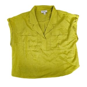 Linen Blouse Lime Green Sleeveless Utility Top Collared Summer Shirt